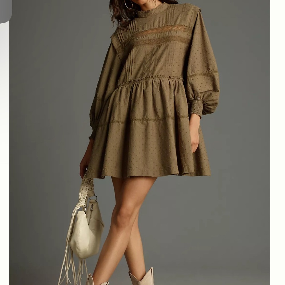 Pilcro Long-Sleeve Mock-Neck Swing Mini Dress Elegant Army green Women's Dress